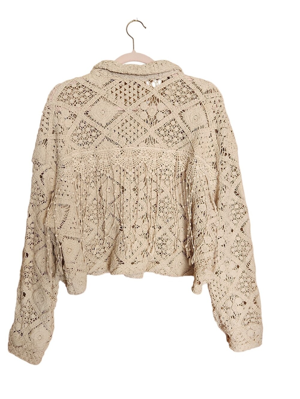 MISS ME CROCHET LACE FRINGE BOHO WESTERN FESTIVAL CREAM SHACKET CARDIGAN LARGE - Picture 10 of 16